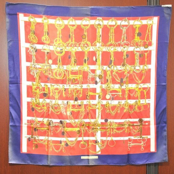 Authentic HERMES Carre 90 Scarf "MORS&FILETS" Silk Blue - Picture 11 of 13